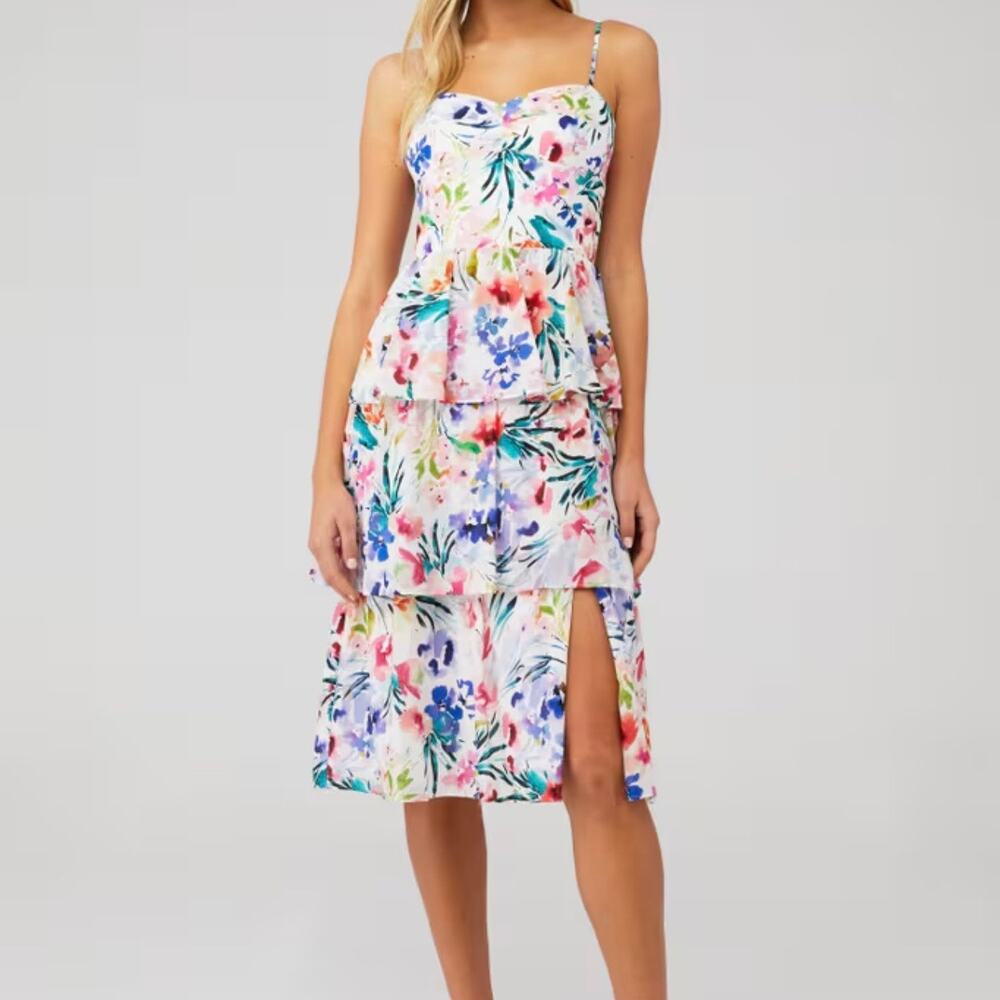 Amanda Uprichard White Floral Tiered Midi Dress with Multicolor Print